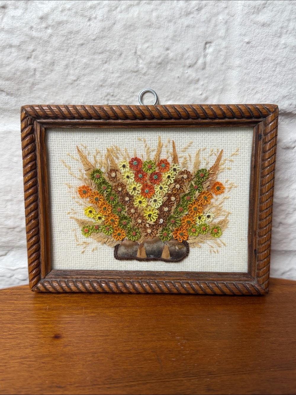 Vintage Framed Crewel Embroidery Floral Wall Art Wood Frame Handmade Mid Century